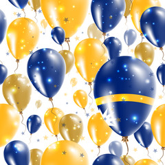 Nauru Independence Day Seamless Pattern. Flying Rubber Balloons in Colors of the Nauruan Flag. Happy Nauru Day Patriotic Card with Balloons, Stars and Sparkles.