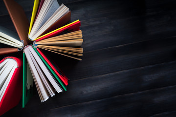 Top view of hardback books in a circle. Open book, fanned pages.