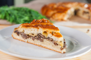 Fresh piece of closed pie with potatoes and mushrooms on the white plate on the wooden served table. Composition of ingridients. Selective Focus, close up