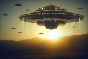 3D illustration with photography. Alien invasion of spaceships. © ktsdesign