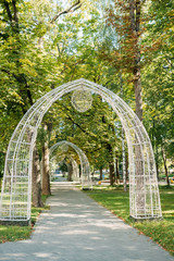 Gomel, Belarus. Decorative Arches In The Pioneer Square On Sovettskaya Street