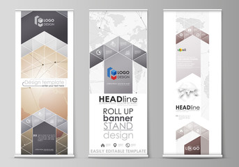 The minimalistic vector illustration of the editable layout of roll up banner stands, vertical flyers, flags design business templates. Global network connections, technology background with world map