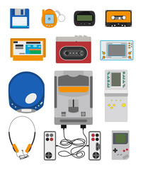 Vector flat illustration of retro gadget. Set of technical gadget.  Isolated on white equipment. Old device.   