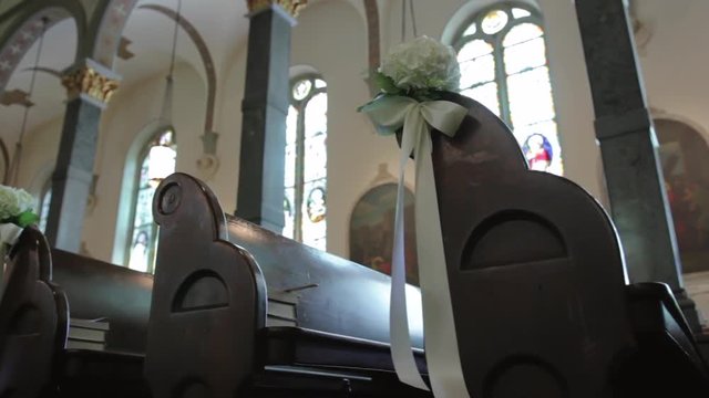 Interior cathedral altar dolly from inside the aisle.