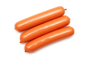 Sausages isolated on white background. Flat lay, top view