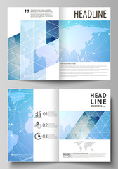 The vector illustration of the editable layout of two A4 format modern cover mockups design templates for brochure, flyer, booklet. World map on blue, geometric technology design, polygonal texture.