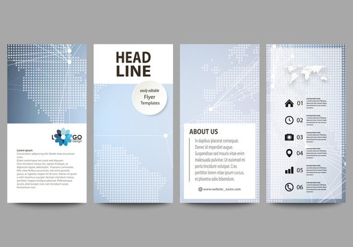 The minimalistic abstract vector illustration of the editable layout of four modern vertical banners, flyers design business templates. Abstract futuristic network shapes. High tech background.