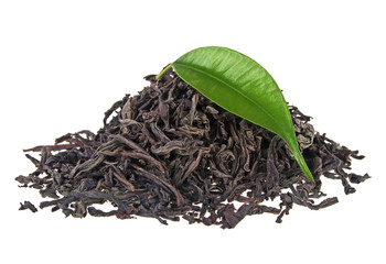 Heap of dry tea with green tea leaf isolated on a white background