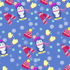 penguins in scarf and hat, winter background