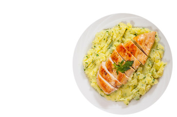Roasted chicken breast and mashed potatoes. top view. isolated on white