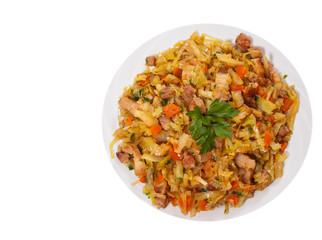 stew cabbage with meat. top view. isolated on white