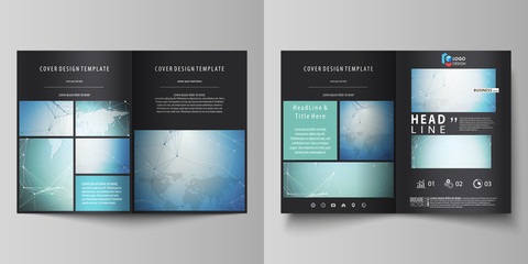 The black colored vector illustration of the editable layout of two A4 format modern covers design templates for brochure, flyer, booklet. Chemistry pattern, connecting lines and dots. Medical concept