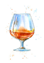 Glass of a cognac.Picture of a alcoholic drink.Watercolor hand drawn illustration.