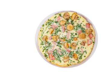 omelet with mushrooms, ham and cheese. top view. isolated on white