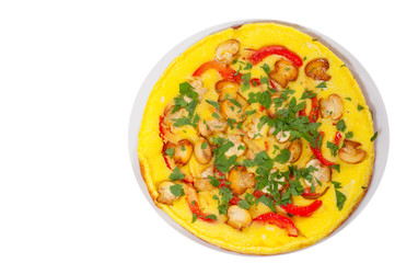 omelet with mushrooms, and vegetables. top view. isolated on white