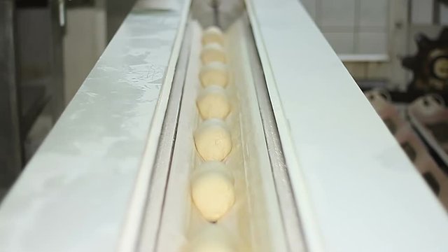 Bakery. Unbaked shaped loaves move along the conveyor 