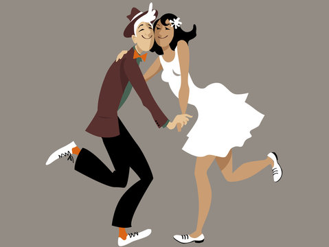 Cute cartoon couple dancing lindy hop or swing, EPS 8 vector illustration, no transparencies