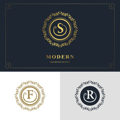 Monogram design elements, graceful template. Calligraphic elegant line art logo design. Letter emblem sign S, F, R for Royalty, business card, Boutique, Hotel, Heraldic, Jewelry. Vector illustration