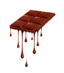 Chocolate dripping from chocolate bar isolated on white background