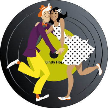 Cute cartoon hipster couple dancing lindy hop or swing with a vinyl record on the background, EPS 8 vector illustration 