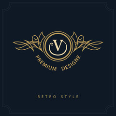 Line art Monogram luxury design, graceful template. Calligraphic elegant beautiful logo. Letter emblem sign V for Royalty, Restaurant, Boutique, Hotel, Heraldic, Jewelry. Vector illustration