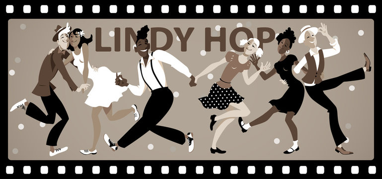 People dressed in vintage fashion dancing in an old black and white movie film frame, EPS 8 vector illustration