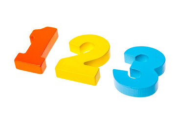 Colorful wooden toy numbers one two three on white background