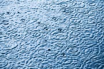 Raindrops on a water surface - a rainy weather background