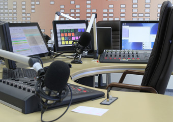 Radio station. Microphone in a recording studio