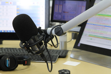 Radio station. Microphone in a recording studio