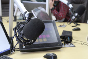Obraz na płótnie Canvas Radio station. Microphone in a recording studio
