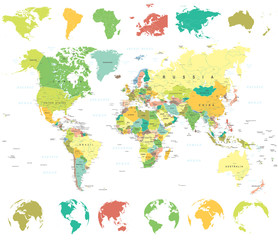Fototapeta na wymiar Colored World Map and Globes
