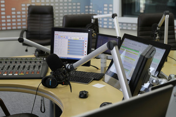 Radio station. Microphone in a recording studio