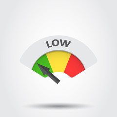 Low level risk gauge vector icon. Low fuel illustration on gray background.