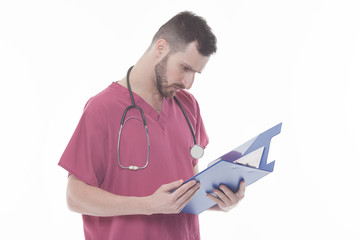 portrait of medical doctor reading a report document