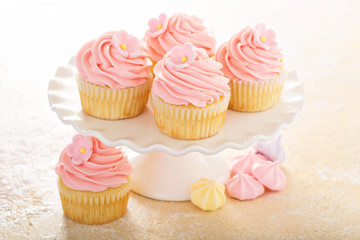 Vanilla cupcakes with pink raspberry frosting