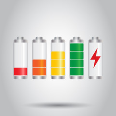 Set of battery charge level indicator. Vector illustration on gray background.