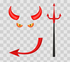Devil horns, trident, eyes and tail isolated on transparent checkered background. Vector illustration.