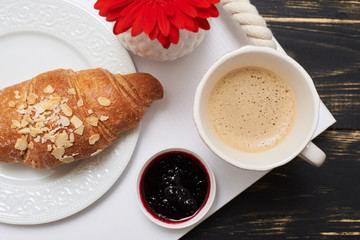 Nice morning breakfast with croissant, flat lay