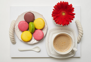 Romantic breakfast with coffee and macaroons