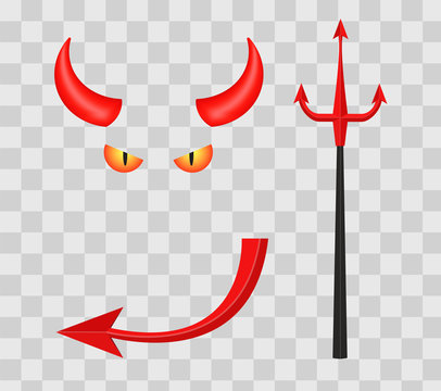 Devil horns, trident, eyes and tail isolated on transparent checkered background. illustration.
