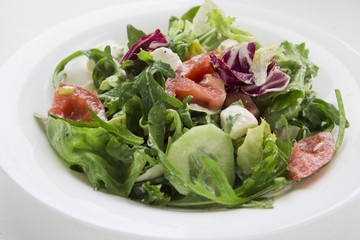 Pasta, meat and salad