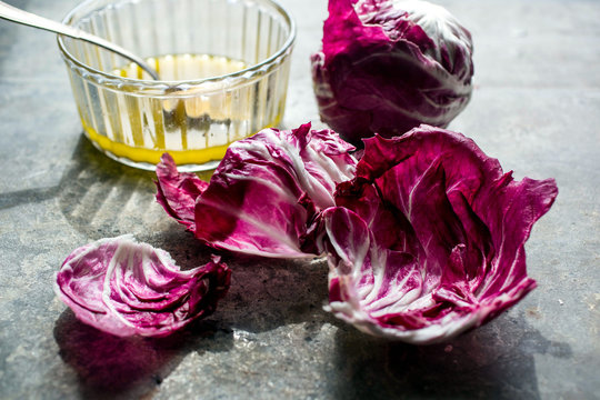 Close-up of radicchio salad with anchovy vinaigrette
