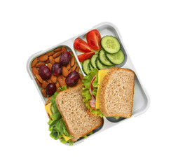Lunch box with delicious food on white background