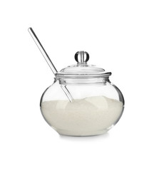 Sugar bowl with spoon on white background