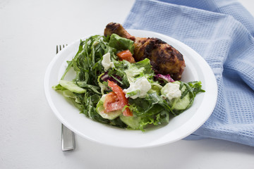 Pasta, meat and salad