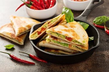 Vegan quesadillas with avocado and red pepper