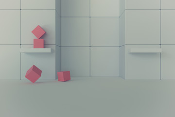 3d rendering of abstract cubes on shelf and flloor