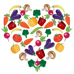 background with vegetables: tomato, eggplant, peas, mushrooms, pumpkin, carrots