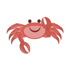 Vector hand drawn cartoon illustration of a cute smiling happy crab character, lifting up claws, isolated on white background.